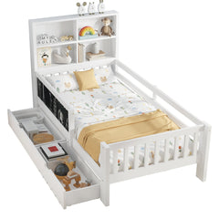 Bellemave® Full Size Platform Bed Frame with Storage Headboard, 2 Drawers and Chalkboard, Full Size Wood Beds Frame with Rails on Both Sides, Gray - Bellemave