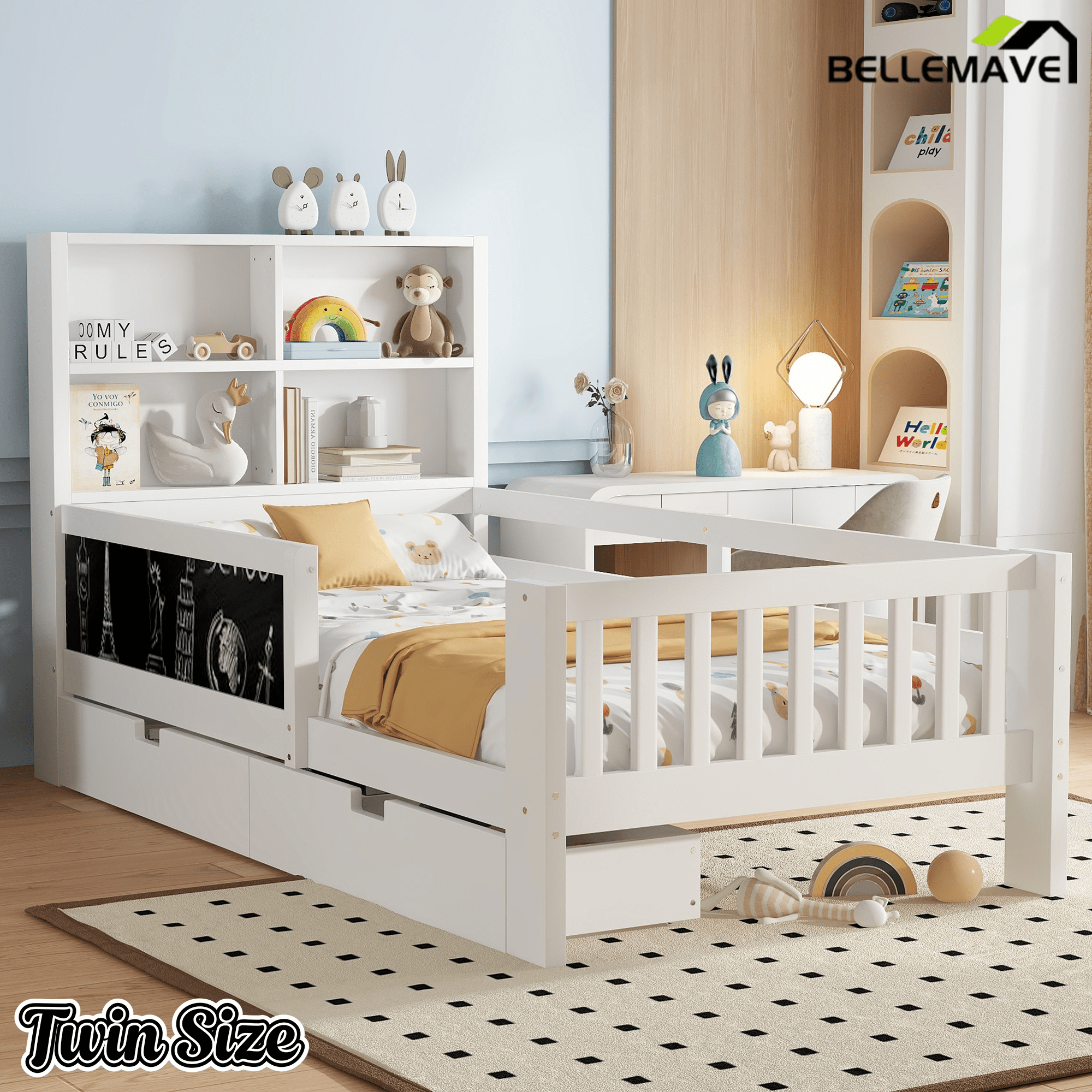 Bellemave® Full Size Platform Bed Frame with Storage Headboard, 2 Drawers and Chalkboard, Full Size Wood Beds Frame with Rails on Both Sides, Gray - Bellemave