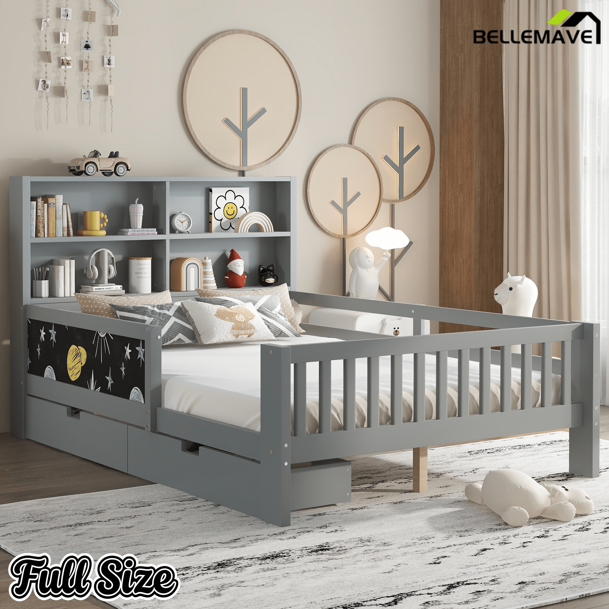 Bellemave® Full Size Platform Bed Frame with Storage Headboard, 2 Drawers and Chalkboard, Full Size Wood Beds Frame with Rails on Both Sides, Gray - Bellemave
