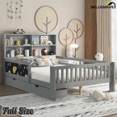 Bellemave® Full Size Platform Bed Frame with Storage Headboard, 2 Drawers and Chalkboard, Full Size Wood Beds Frame with Rails on Both Sides, Gray - Bellemave