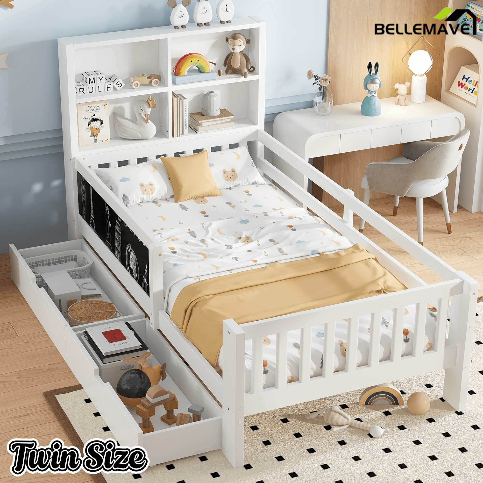 Bellemave® Full Size Platform Bed Frame with Storage Headboard, 2 Drawers and Chalkboard, Full Size Wood Beds Frame with Rails on Both Sides, Gray - Bellemave