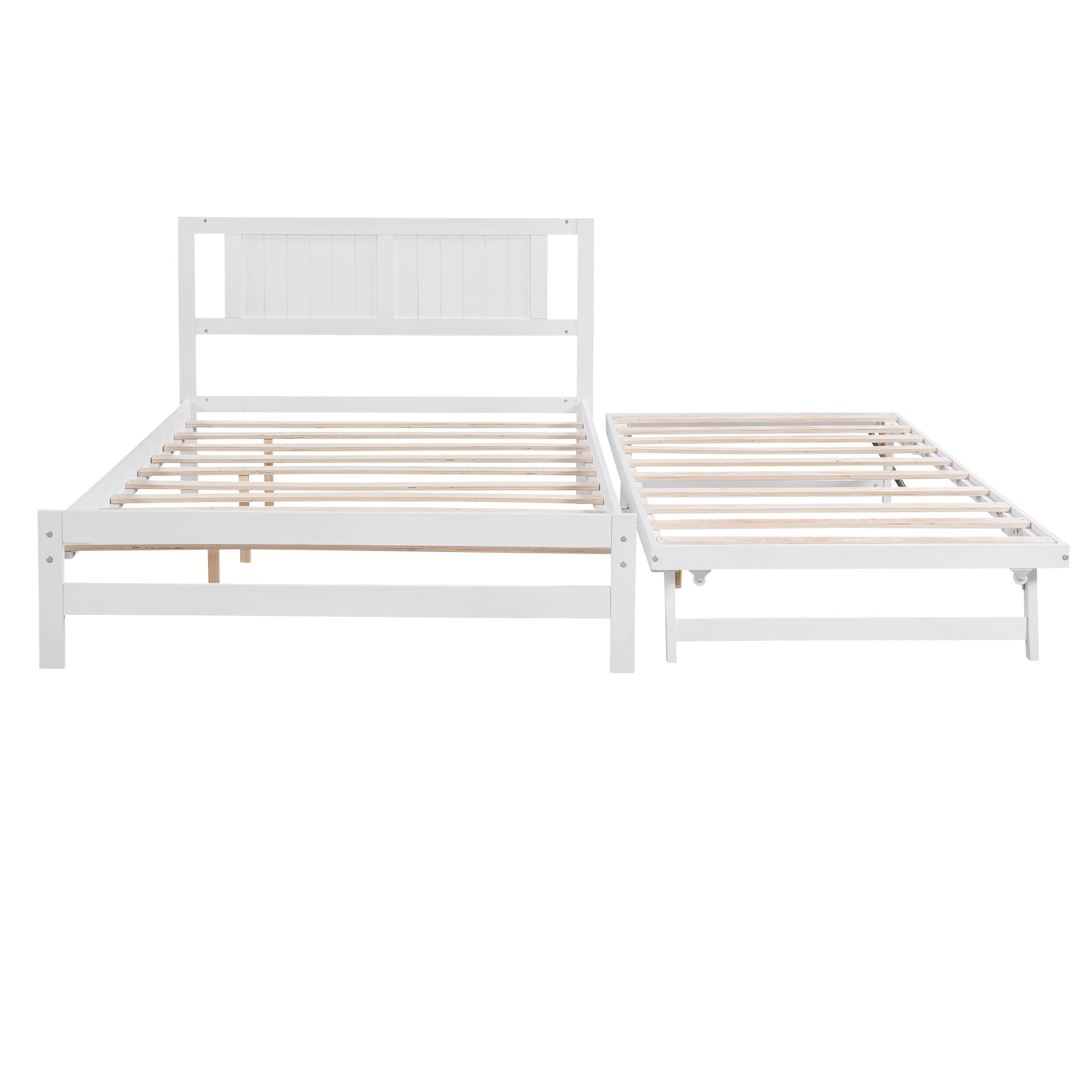 Bellemave® Full Size Platform Bed with Adjustable Trundle Solid Wooden Platform Beds with Headboard & Slat Support, Full Bed Frame for Bed Room, No Box Spring Needed (White) - Bellemave