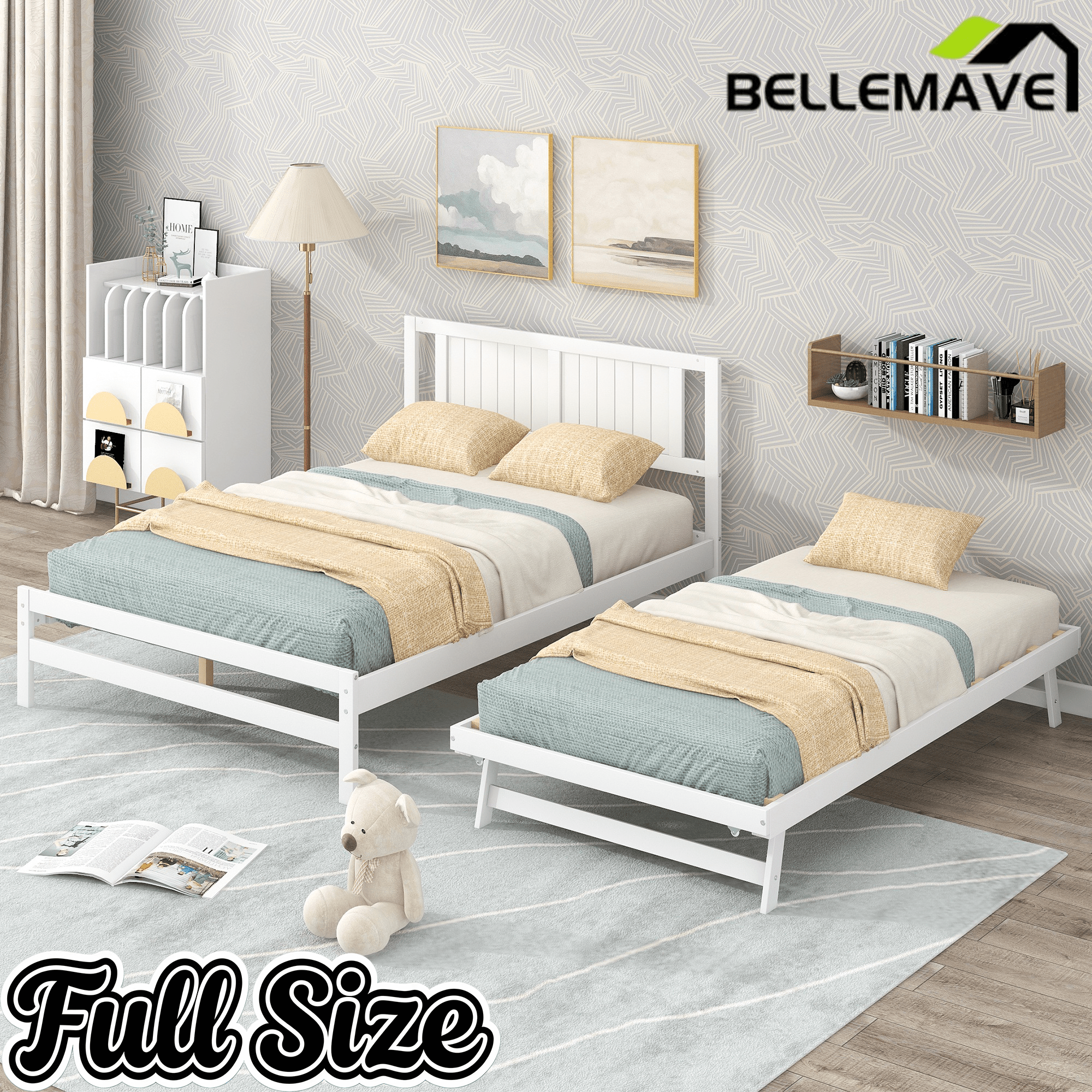 Bellemave® Full Size Platform Bed with Adjustable Trundle Solid Wooden Platform Beds with Headboard & Slat Support, Full Bed Frame for Bed Room, No Box Spring Needed (White) - Bellemave