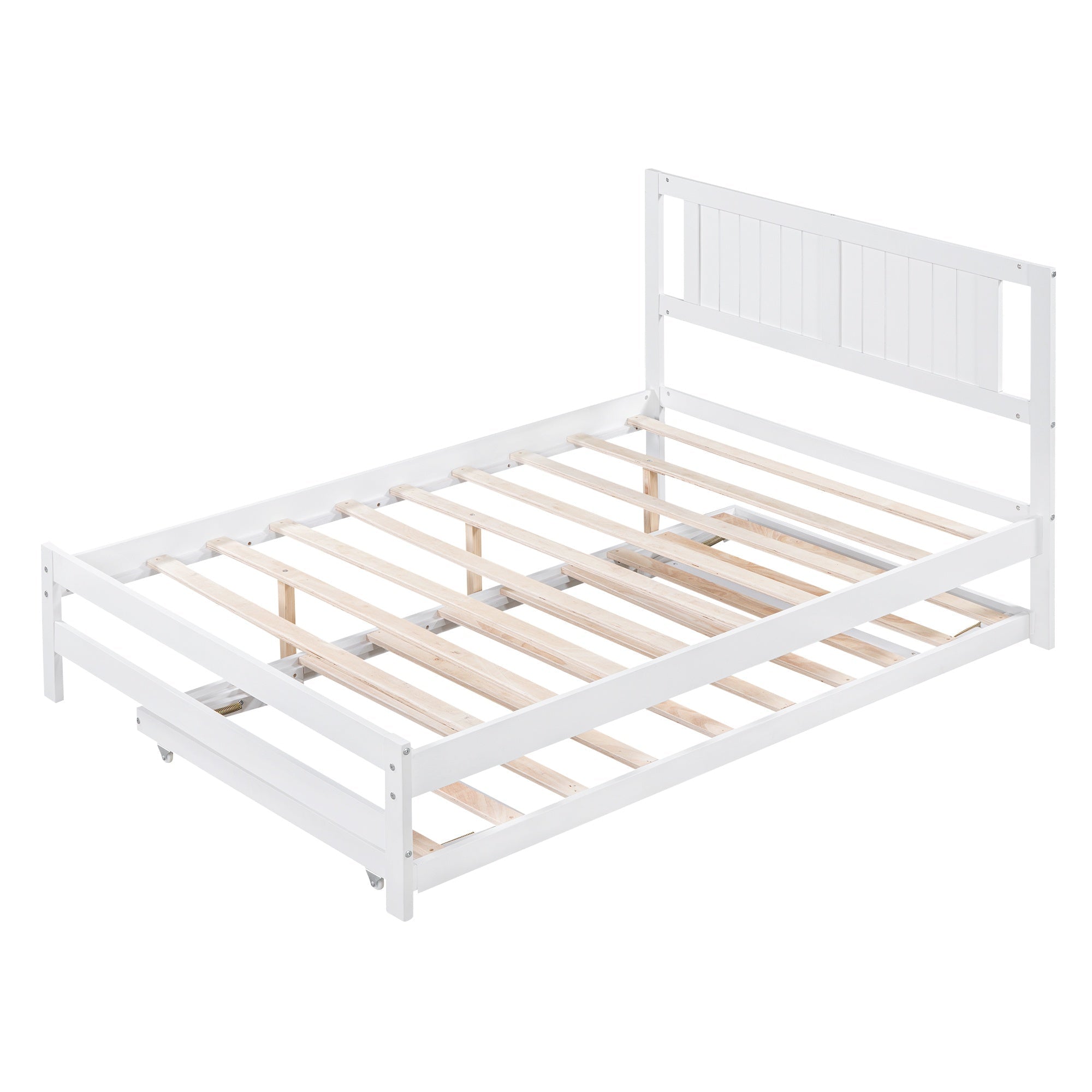Bellemave® Full Size Platform Bed with Adjustable Trundle Solid Wooden Platform Beds with Headboard & Slat Support, Full Bed Frame for Bed Room, No Box Spring Needed (White) - Bellemave