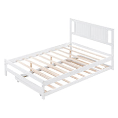 Bellemave® Full Size Platform Bed with Adjustable Trundle Solid Wooden Platform Beds with Headboard & Slat Support, Full Bed Frame for Bed Room, No Box Spring Needed (White) - Bellemave