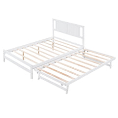 Bellemave® Full Size Platform Bed with Adjustable Trundle Solid Wooden Platform Beds with Headboard & Slat Support, Full Bed Frame for Bed Room, No Box Spring Needed (White) - Bellemave