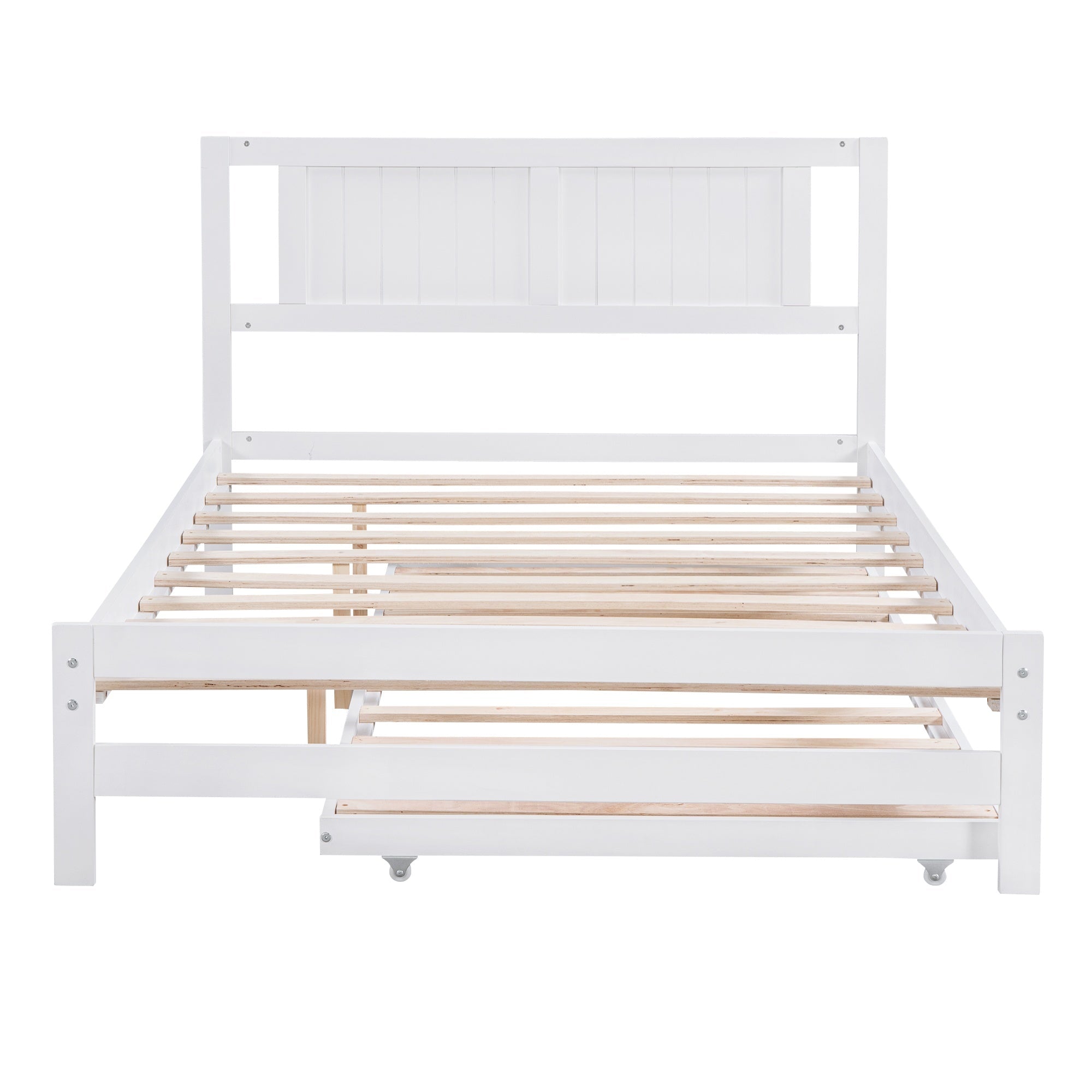 Bellemave® Full Size Platform Bed with Adjustable Trundle Solid Wooden Platform Beds with Headboard & Slat Support, Full Bed Frame for Bed Room, No Box Spring Needed (White) - Bellemave