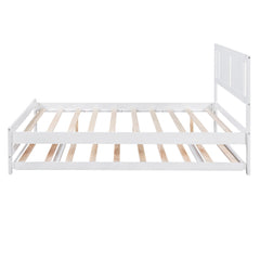 Bellemave® Full Size Platform Bed with Adjustable Trundle Solid Wooden Platform Beds with Headboard & Slat Support, Full Bed Frame for Bed Room, No Box Spring Needed (White) - Bellemave