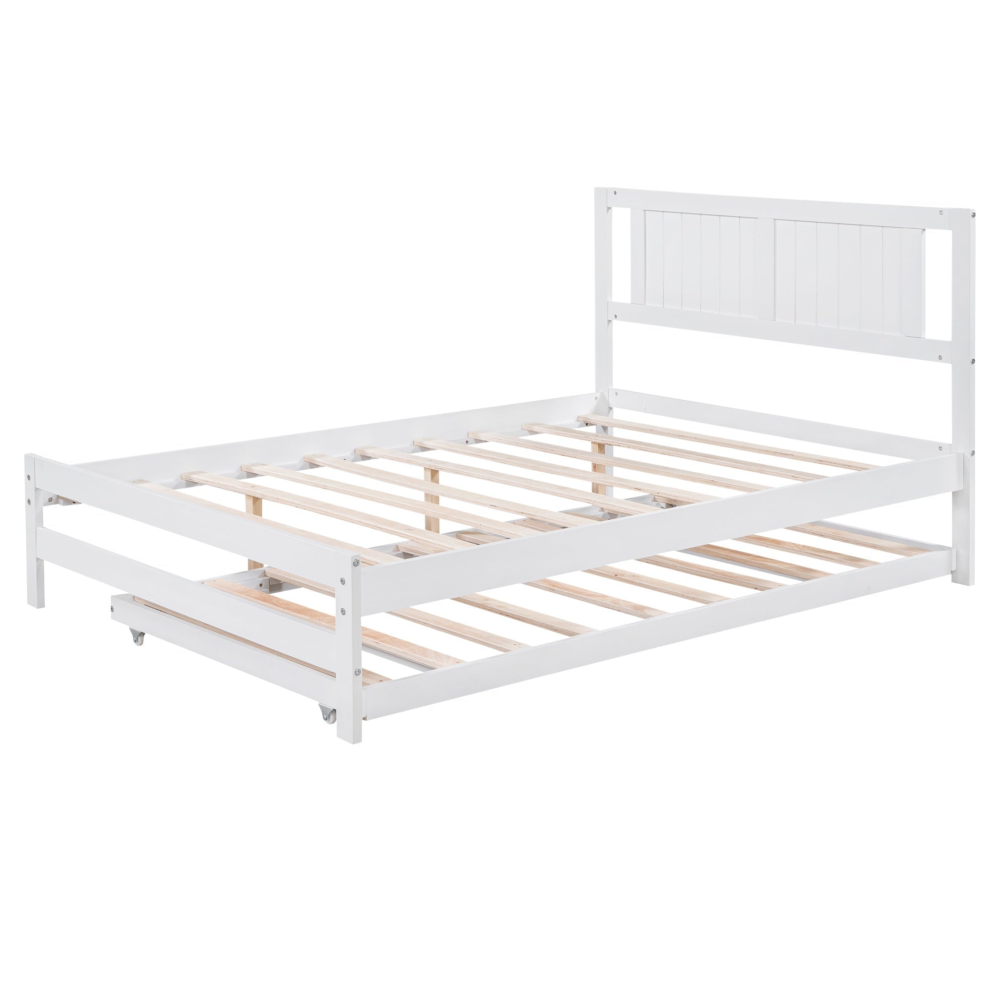 Bellemave® Full Size Platform Bed with Adjustable Trundle Solid Wooden Platform Beds with Headboard & Slat Support, Full Bed Frame for Bed Room, No Box Spring Needed (White) - Bellemave
