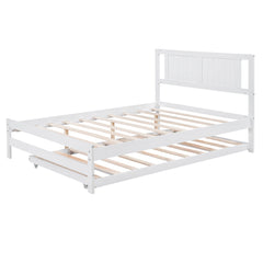 Bellemave® Full Size Platform Bed with Adjustable Trundle Solid Wooden Platform Beds with Headboard & Slat Support, Full Bed Frame for Bed Room, No Box Spring Needed (White) - Bellemave