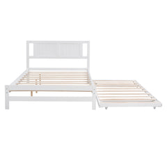 Bellemave® Full Size Platform Bed with Adjustable Trundle Solid Wooden Platform Beds with Headboard & Slat Support, Full Bed Frame for Bed Room, No Box Spring Needed (White) - Bellemave