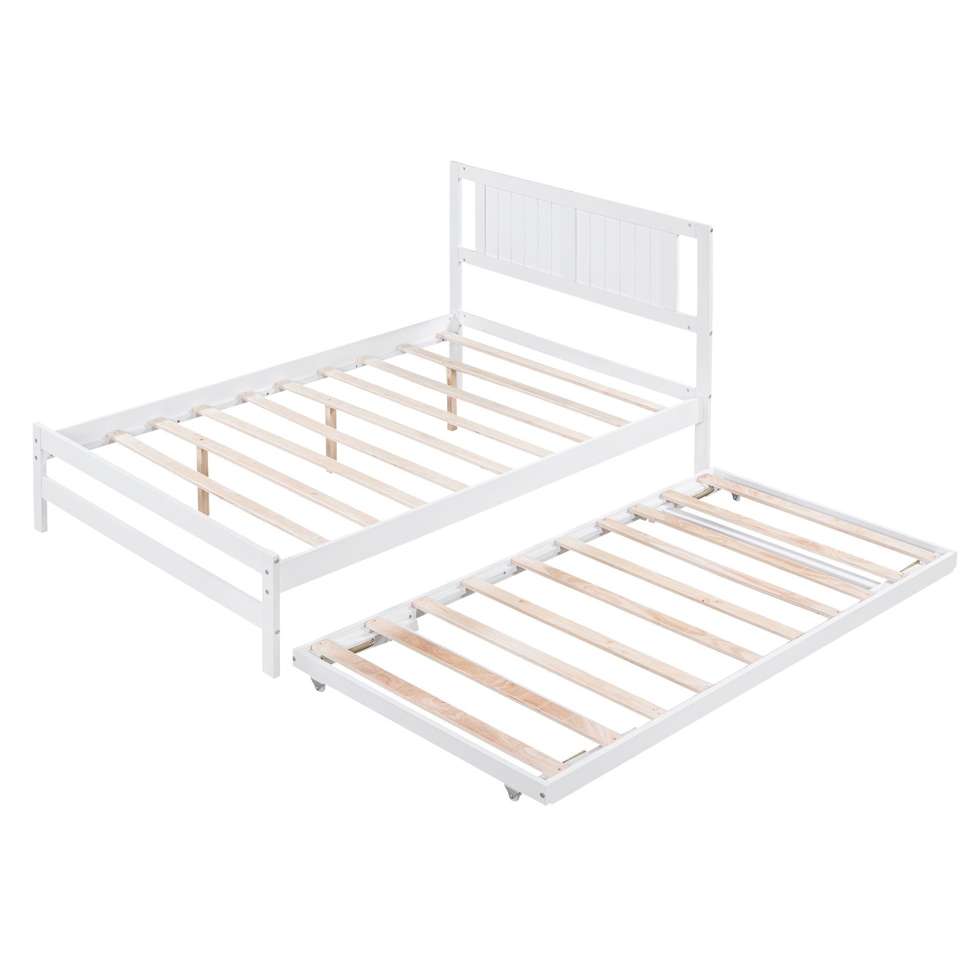 Bellemave® Full Size Platform Bed with Adjustable Trundle Solid Wooden Platform Beds with Headboard & Slat Support, Full Bed Frame for Bed Room, No Box Spring Needed (White) - Bellemave