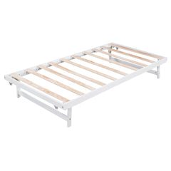 Bellemave® Full Size Platform Bed with Adjustable Trundle Solid Wooden Platform Beds with Headboard & Slat Support, Full Bed Frame for Bed Room, No Box Spring Needed (White) - Bellemave