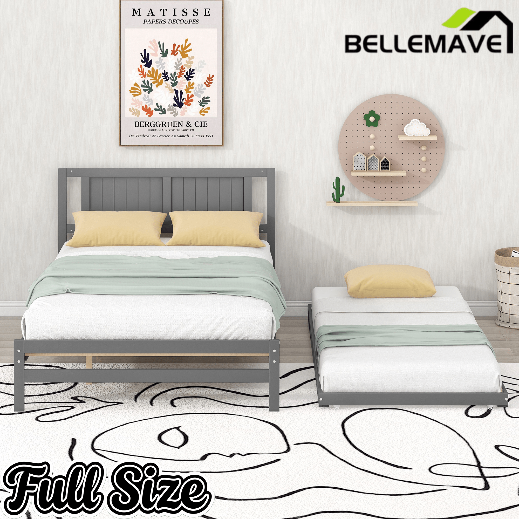 Bellemave® Full Size Platform Bed with Adjustable Trundle Solid Wooden Platform Beds with Headboard & Slat Support, Full Bed Frame for Bed Room, No Box Spring Needed (White) - Bellemave