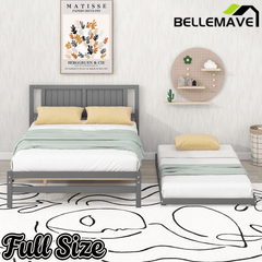 Bellemave® Full Size Platform Bed with Adjustable Trundle Solid Wooden Platform Beds with Headboard & Slat Support, Full Bed Frame for Bed Room, No Box Spring Needed (White) - Bellemave