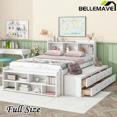 Bellemave® Full Size Platform Bed with Bookcase Headboard, Under bed Storage Drawers and Bed End Storage Case - Bellemave