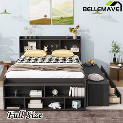 Bellemave® Full Size Platform Bed with Bookcase Headboard, Under bed Storage Drawers and Bed End Storage Case - Bellemave