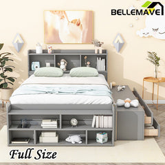 Bellemave® Full Size Platform Bed with Bookcase Headboard, Under bed Storage Drawers and Bed End Storage Case - Bellemave