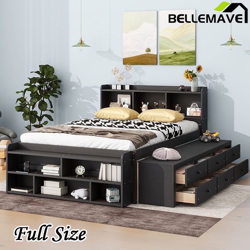 Bellemave® Full Size Platform Bed with Bookcase Headboard, Under bed Storage Drawers and Bed End Storage Case - Bellemave