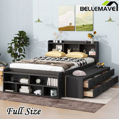 Bellemave® Full Size Platform Bed with Bookcase Headboard, Under bed Storage Drawers and Bed End Storage Case - Bellemave