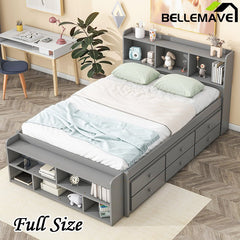 Bellemave® Full Size Platform Bed with Bookcase Headboard, Under bed Storage Drawers and Bed End Storage Case - Bellemave