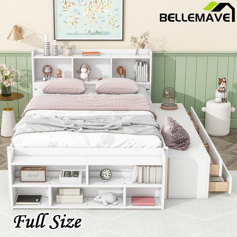 Bellemave® Full Size Platform Bed with Bookcase Headboard, Under bed Storage Drawers and Bed End Storage Case - Bellemave