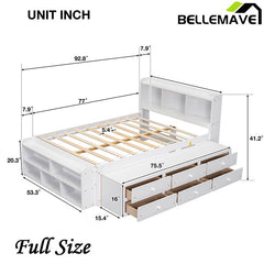 Bellemave® Full Size Platform Bed with Bookcase Headboard, Under bed Storage Drawers and Bed End Storage Case - Bellemave