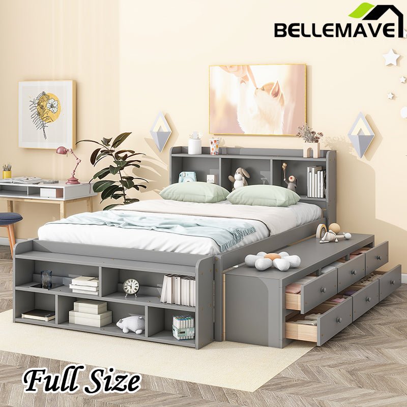Bellemave® Full Size Platform Bed with Bookcase Headboard, Under bed Storage Drawers and Bed End Storage Case - Bellemave