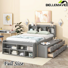 Bellemave® Full Size Platform Bed with Bookcase Headboard, Under bed Storage Drawers and Bed End Storage Case - Bellemave