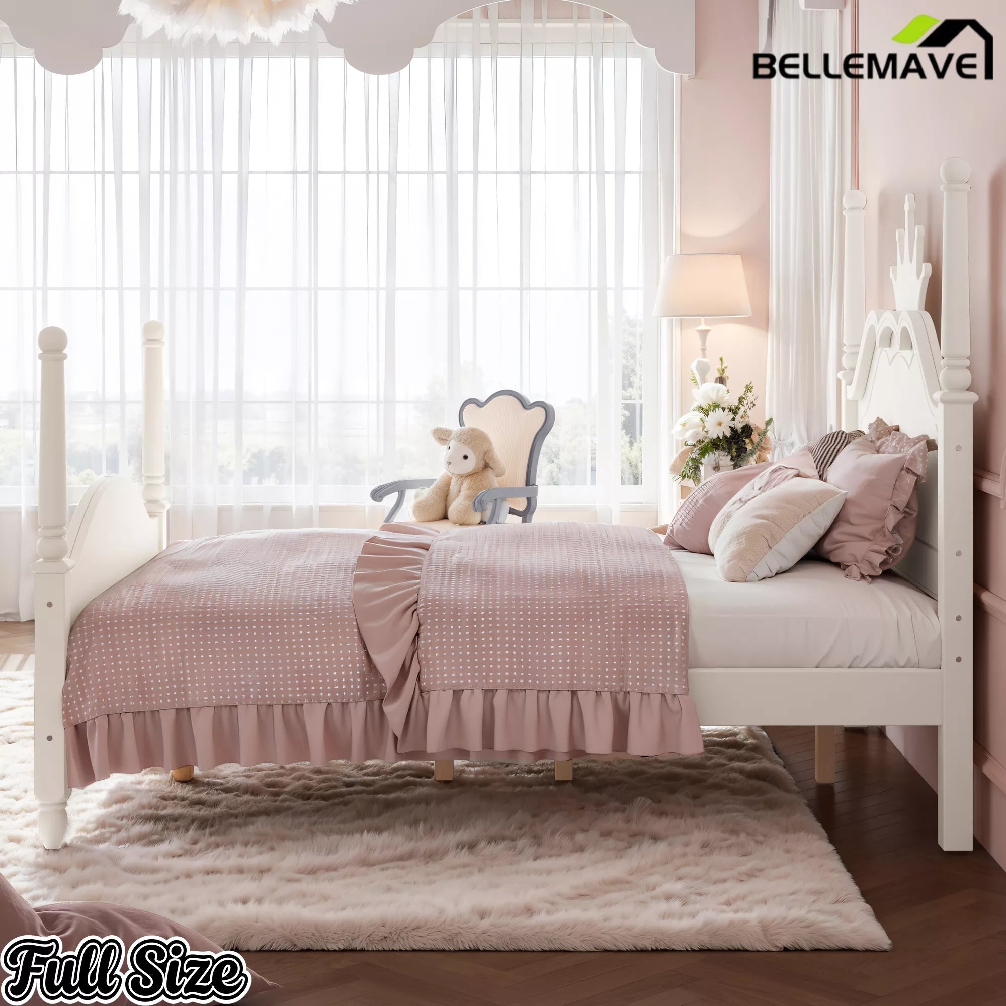 Bellemave® Full Size Platform Bed with Crown Headboard, Four Poster Wooden Bed Frame with Curved Headboard - Bellemave