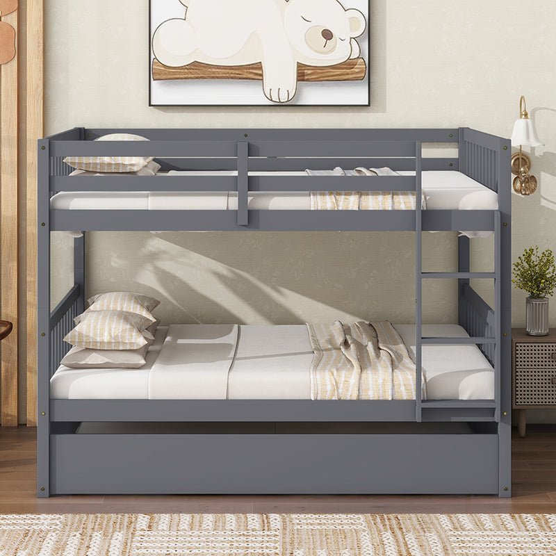 Bellemave® Full Size Rubber Wood Bunk Bed Twin Size Trundle Bed, Ladder and Guardrails(Convertible) - Bellemave