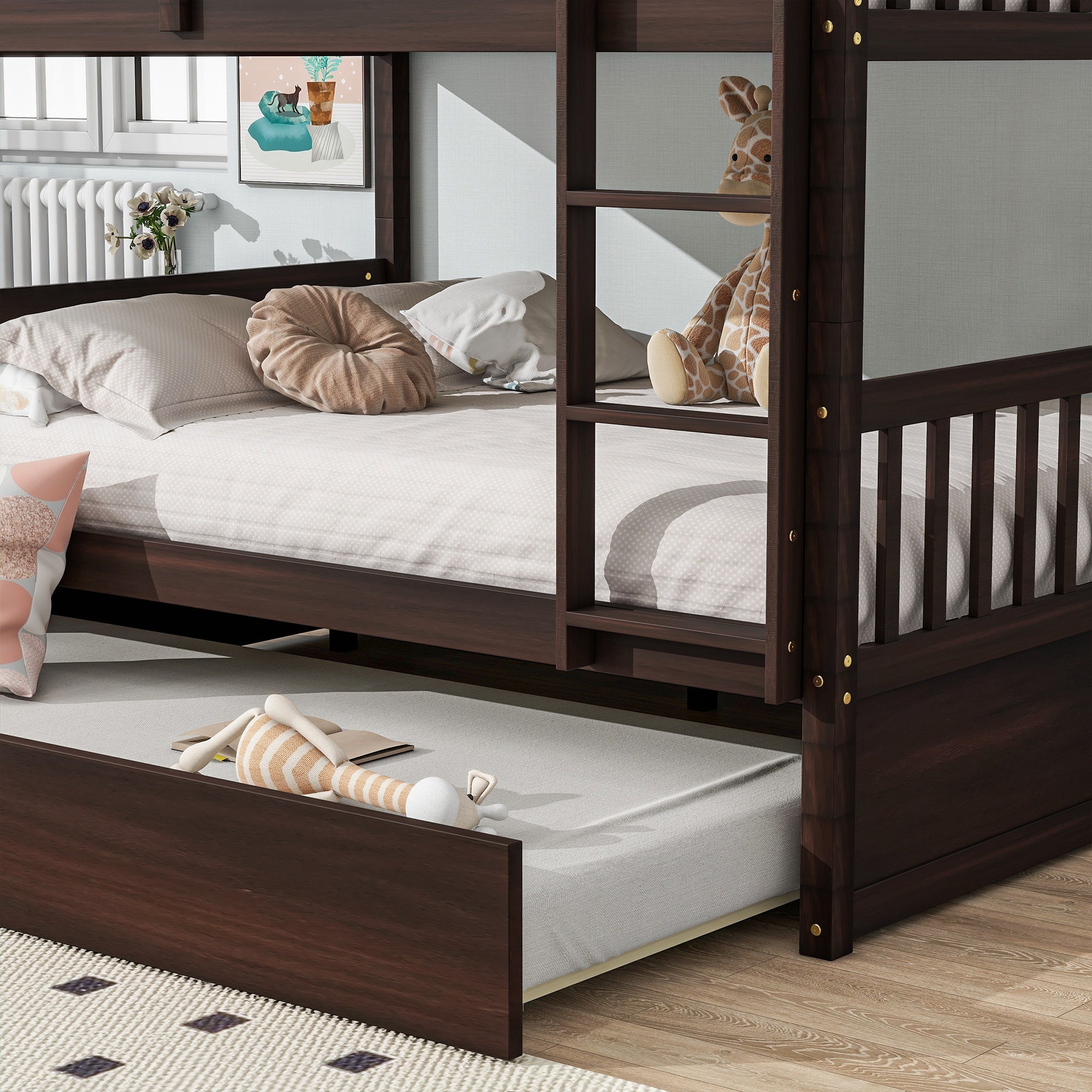Bellemave® Full Size Rubber Wood Bunk Bed Twin Size Trundle Bed, Ladder and Guardrails(Convertible) - Bellemave