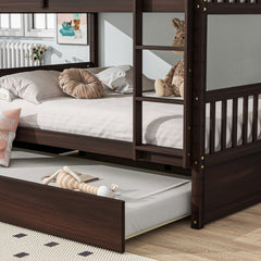 Bellemave® Full Size Rubber Wood Bunk Bed Twin Size Trundle Bed, Ladder and Guardrails(Convertible) - Bellemave