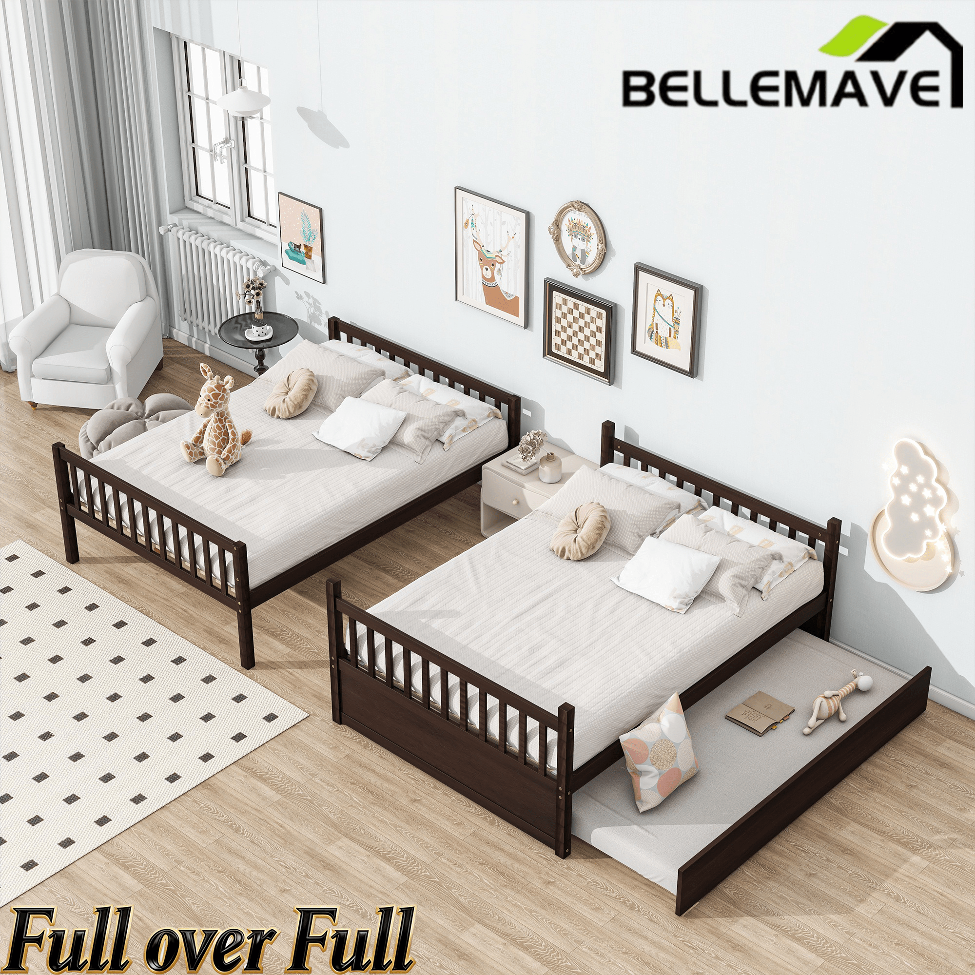 Bellemave® Full Size Rubber Wood Bunk Bed Twin Size Trundle Bed, Ladder and Guardrails(Convertible) - Bellemave