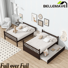 Bellemave® Full Size Rubber Wood Bunk Bed Twin Size Trundle Bed, Ladder and Guardrails(Convertible) - Bellemave