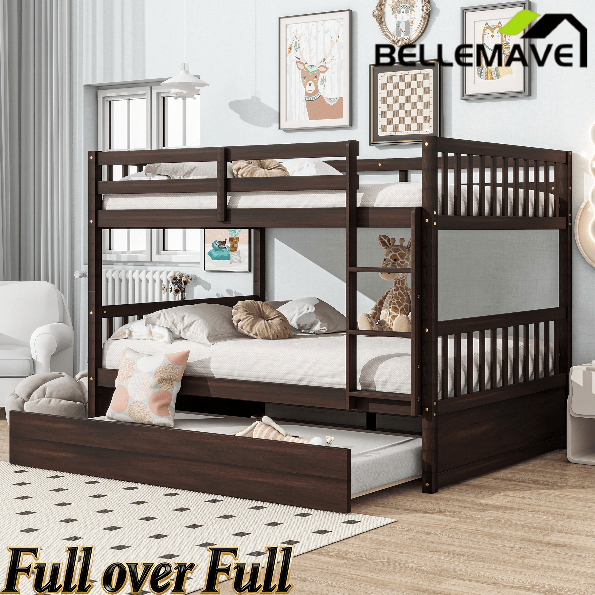 Bellemave® Full Size Rubber Wood Bunk Bed Twin Size Trundle Bed, Ladder and Guardrails(Convertible) - Bellemave