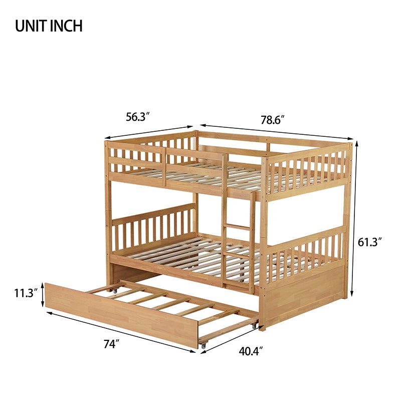Bellemave® Full Size Rubber Wood Bunk Bed Twin Size Trundle Bed, Ladder and Guardrails(Convertible) - Bellemave