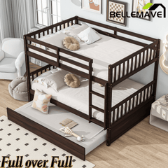 Bellemave® Full Size Rubber Wood Bunk Bed Twin Size Trundle Bed, Ladder and Guardrails(Convertible) - Bellemave