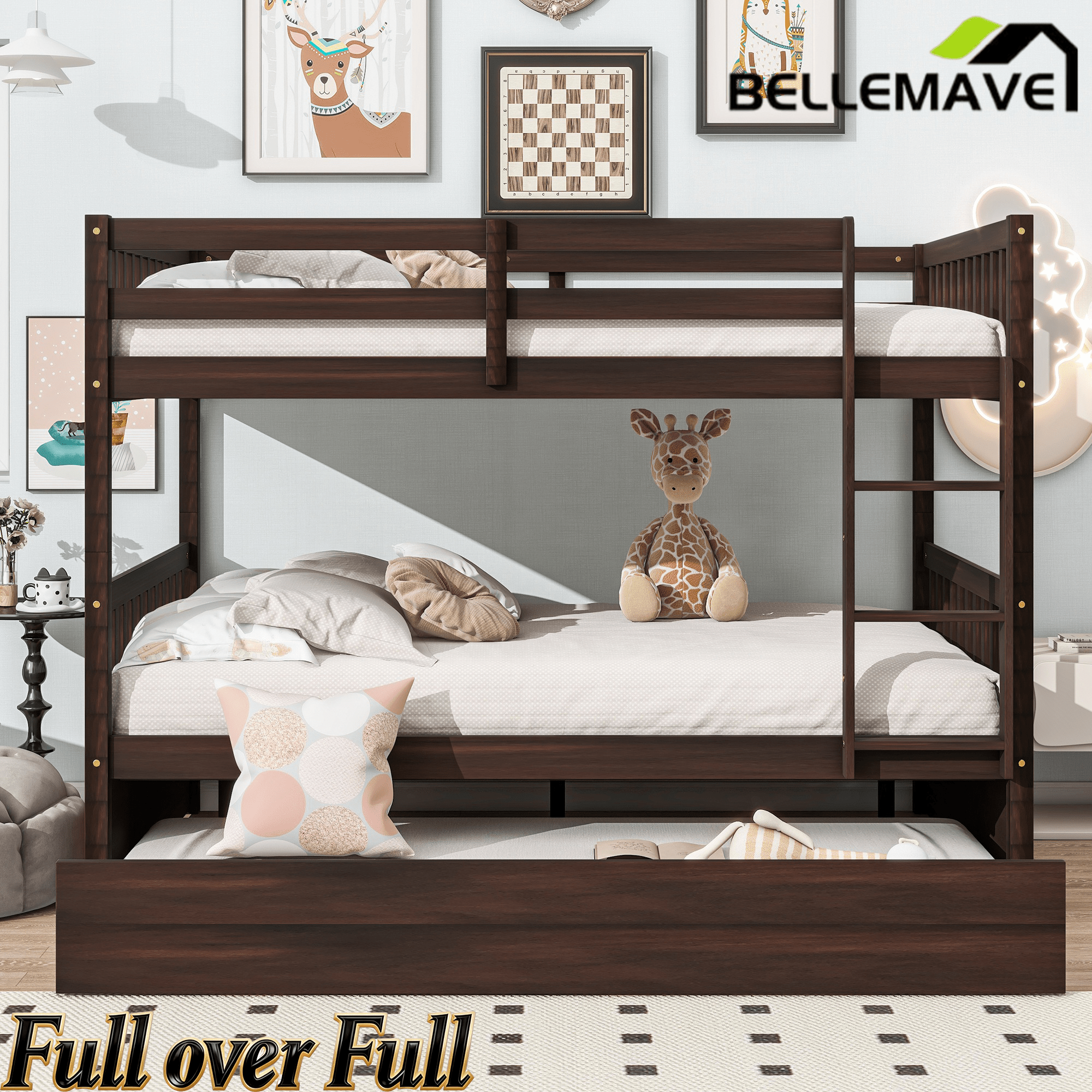 Bellemave® Full Size Rubber Wood Bunk Bed Twin Size Trundle Bed, Ladder and Guardrails(Convertible) - Bellemave