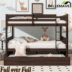 Bellemave® Full Size Rubber Wood Bunk Bed Twin Size Trundle Bed, Ladder and Guardrails(Convertible) - Bellemave