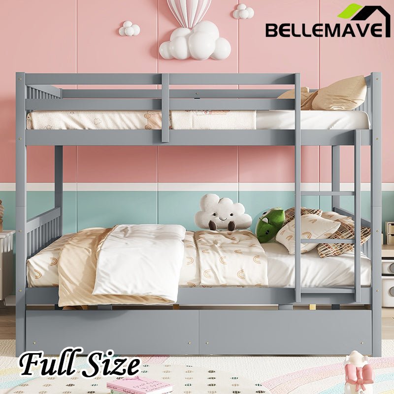 Bellemave® Full Size Rubber Wood Bunk Bed with 2 Drawers, Ladder and Safety Guardrail(Convertible ) - Bellemave