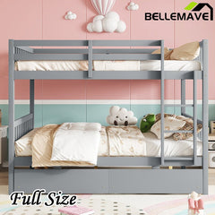 Bellemave® Full Size Rubber Wood Bunk Bed with 2 Drawers, Ladder and Safety Guardrail(Convertible ) - Bellemave