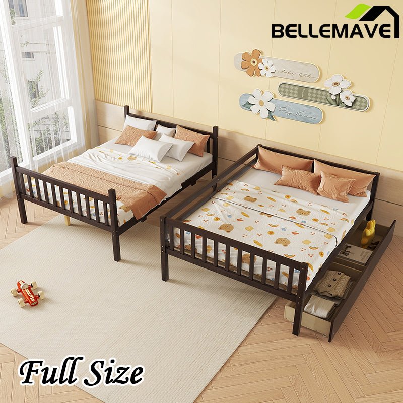 Bellemave® Full Size Rubber Wood Bunk Bed with 2 Drawers, Ladder and Safety Guardrail(Convertible ) - Bellemave
