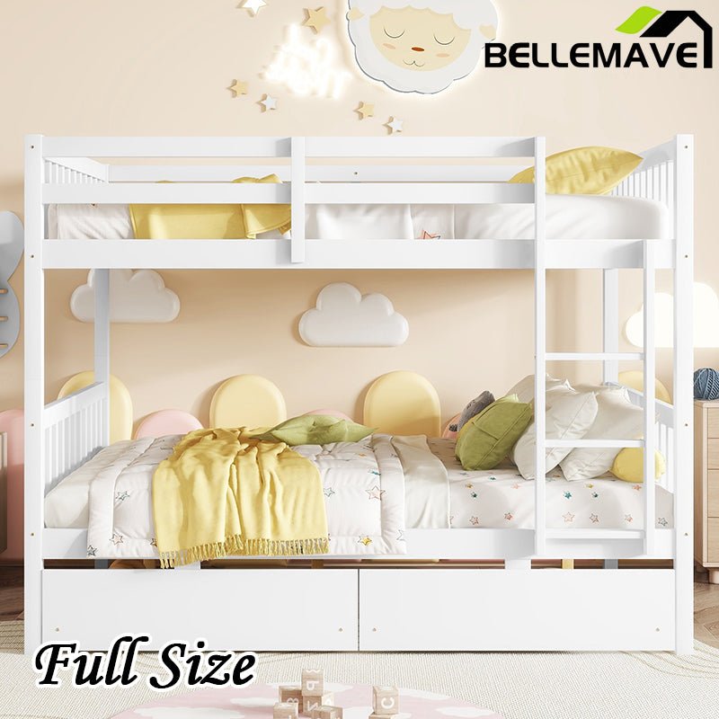 Bellemave® Full Size Rubber Wood Bunk Bed with 2 Drawers, Ladder and Safety Guardrail(Convertible ) - Bellemave