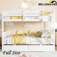 Bellemave® Full Size Rubber Wood Bunk Bed with 2 Drawers, Ladder and Safety Guardrail(Convertible ) - Bellemave