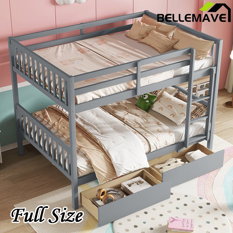 Bellemave® Full Size Rubber Wood Bunk Bed with 2 Drawers, Ladder and Safety Guardrail(Convertible ) - Bellemave
