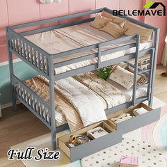Bellemave® Full Size Rubber Wood Bunk Bed with 2 Drawers, Ladder and Safety Guardrail(Convertible ) - Bellemave
