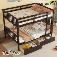 Bellemave® Full Size Rubber Wood Bunk Bed with 2 Drawers, Ladder and Safety Guardrail(Convertible ) - Bellemave