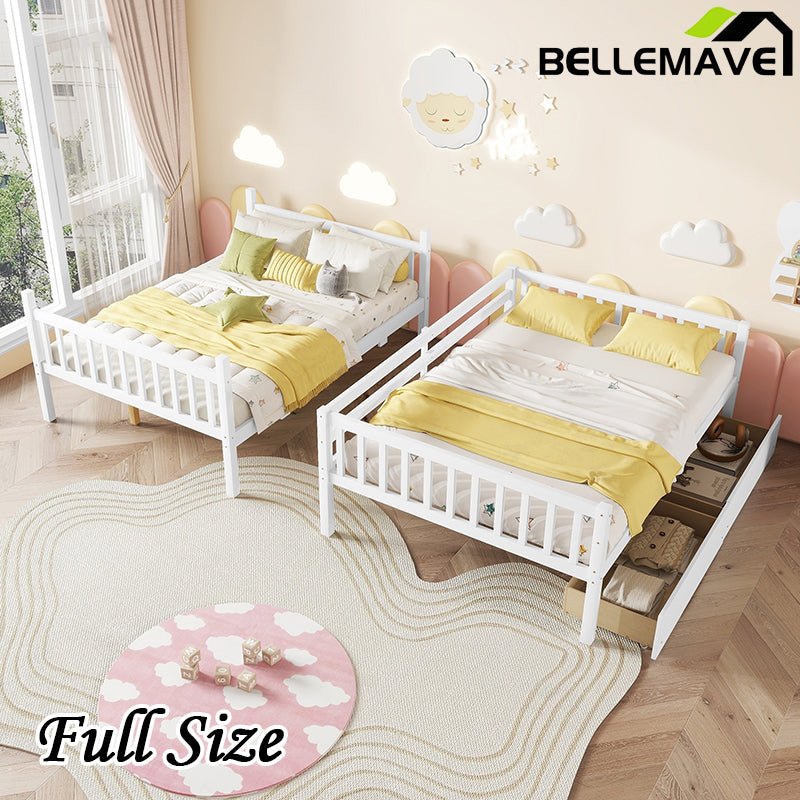 Bellemave® Full Size Rubber Wood Bunk Bed with 2 Drawers, Ladder and Safety Guardrail(Convertible ) - Bellemave