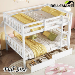 Bellemave® Full Size Rubber Wood Bunk Bed with 2 Drawers, Ladder and Safety Guardrail(Convertible ) - Bellemave